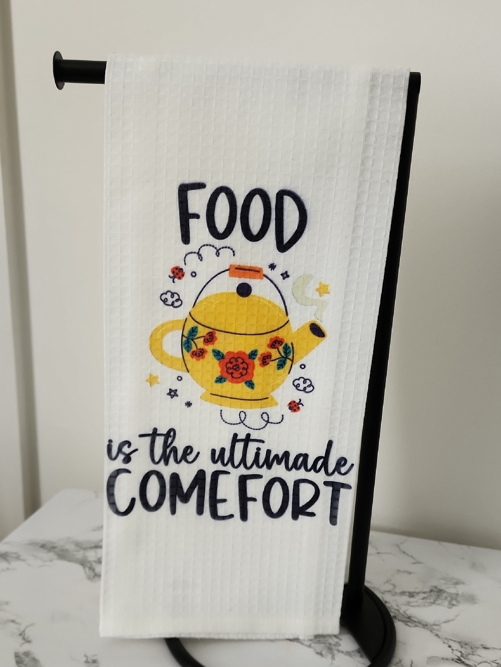 White Kitchen Tea Towel with Yellow Floral Teapot Design 18in X 28in